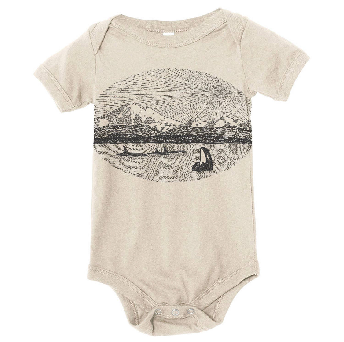 MOUNTAINS & ORCAS onesie – MOSS